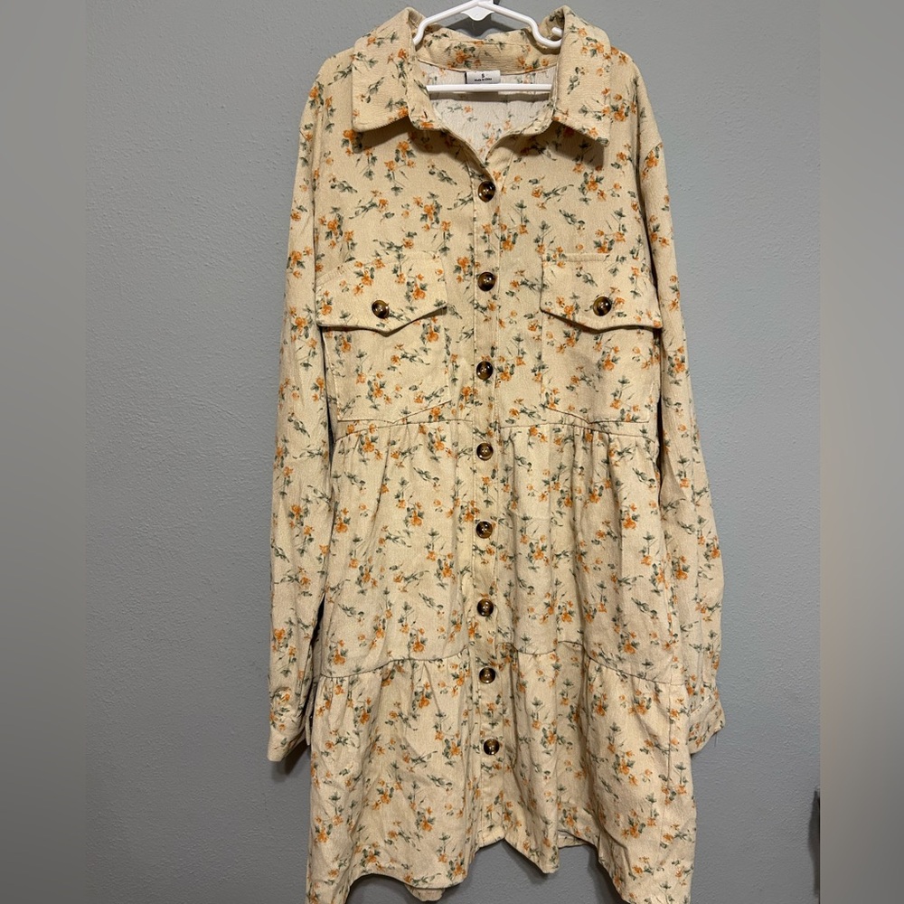 Cozy Casual Floral Button-Down Dress - Cream and Orange